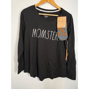 NWT Rae Dunn 'Momster' Shirt Sz L Pumpkin Socks Halloween‎ Black Long Sleeve Tee